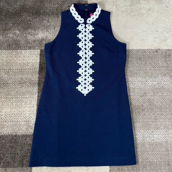 Lilly Pulitzer Dresses & Skirts - Lilly Pulitzer Callista Navy Blue Shift Dress White Lace Trim Sleevless Size L